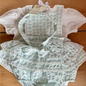 Joie Baby Girl Blue Gingham Set Lace Collar Bubble Romper Dress 3-6 months